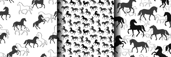 Seamless pattern with black horse silhouettes in motion on white background. Simple wallpaper with repeating equine print for 2026 Year of the Horse. Endless background design, textile, wrapping paper