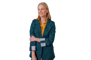 Blonde woman wearing green blazer and yellow shirt, smiling and looking away on transparent background, expressing happiness