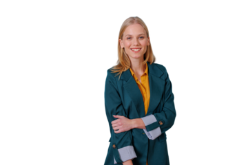 Blonde young businesswoman smiling, looking at the camera, wearing a stylish teal blazer and yellow shirt, isolated