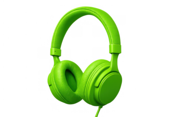 Vivid lime green over-ear headphones with a cord, providing audio entertainment and communication. Transparent background