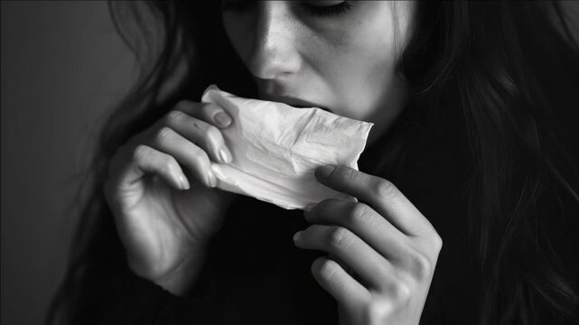 A contemplative woman with long hair, holding a piece of paper or tissue close to her face, against a blurred background.
