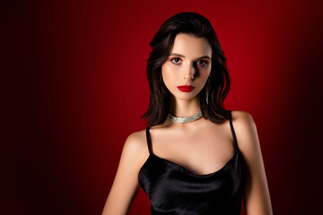 Fototapeta premium Young woman in a glamorous black silk dress posing against a vibrant red gradient background
