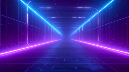Fototapeta premium A neon tunnel features vibrant blue and purple lights lining the walls and floor, creating a futuristic feel as it stretches into the distance. The setting conveys a sense of depth and mystery