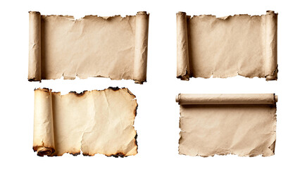 Four old parchment scrolls with torn and burnt edges isolated on a white background in studio lighting