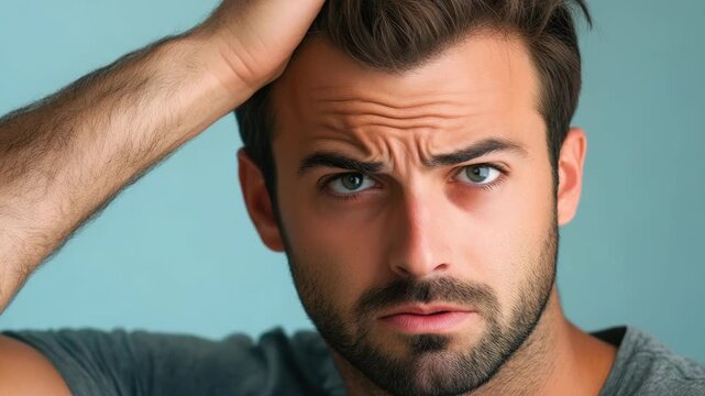A young man with a puzzled expression looking directly at the camera with his hands resting on top of his head.