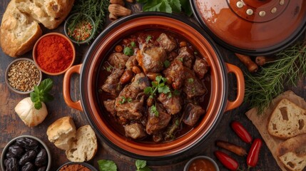 Delicious Meat Stew in a Rustic Pot