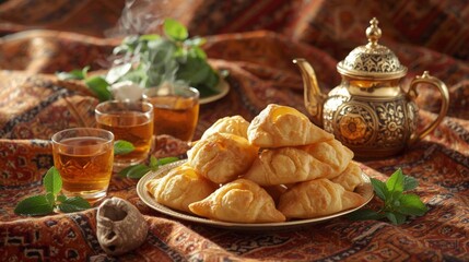 Traditional Pastry with Tea on Ornate Tablecloth