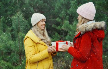 Winter happy women friends holding gift box, celebration, joyful girlfriends together in Christmas