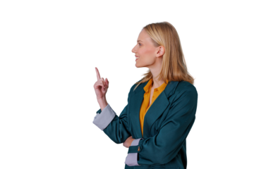 Blonde woman in profile pointing finger up, having an idea or eureka moment, finding solution, transparent background