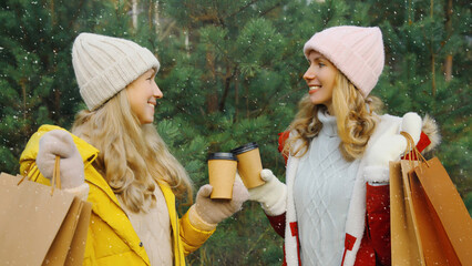 Christmas happy smiling women friends have fun, celebration in winter, joyful girlfriends together