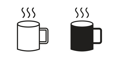 Hot coffee Mug icons in outline, flat style. Vector EPS