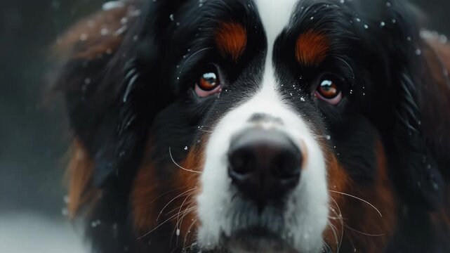 A majestic St Bernard with expressive eyes and snowflakes on its fur looks directly at the camera amidst a winter wonderland.