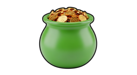 Green pot overflowing with gold coins featuring dollar signs, cutout, PNG isolated on white or transparent background