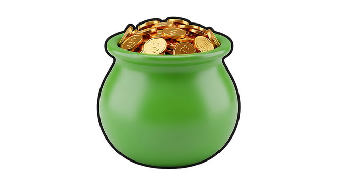 Green pot overflowing with gold coins featuring dollar signs, cutout, PNG isolated on white or transparent background
