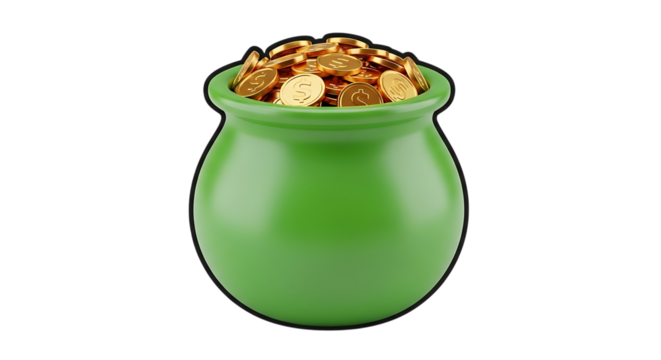 Green pot overflowing with gold coins featuring dollar signs, cutout, PNG isolated on white or transparent background