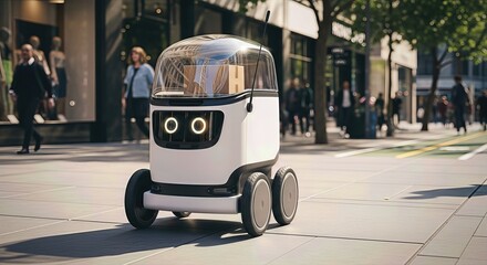 Sleek white autonomous machine delivers packages along a busy urban pathway. Robotic last mile distribution concept for future e commerce logistics, moving merchandise.