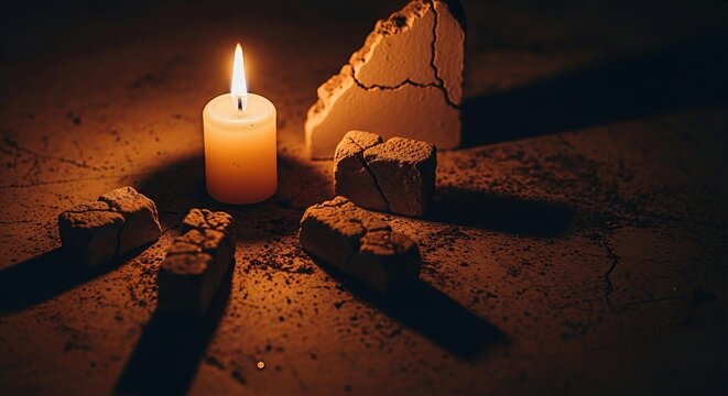 A solemn burning candle illuminates cracked pieces of dry earth on a dark textured surface, evoking a spiritual fast, deep contemplation, and profound remembrance.