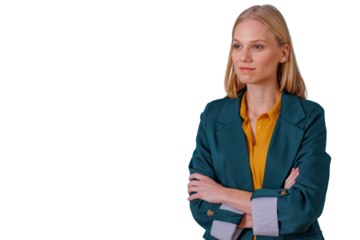 Professional woman standing confidently with crossed arms looking away, transparent background cutout image