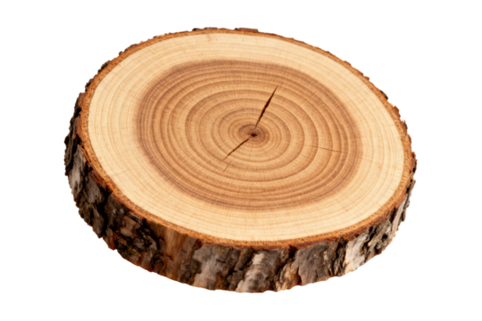 Close up of a tree slice with visible growth rings and bark against a black background