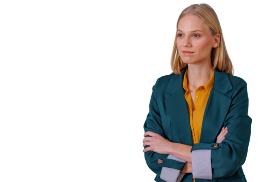 Professional woman standing confidently with crossed arms looking away, transparent background cutout image