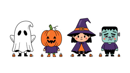Adorable Halloween Cartoon Characters Set with Candy Corn: Ghost, Pumpkin, Witch, and Frankenstein Monster for Spooky Fun