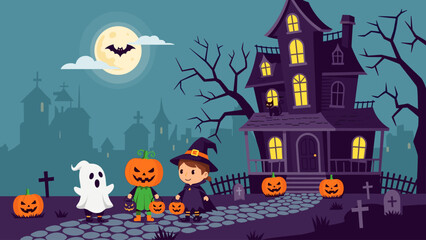 Halloween night: Cute children in costumes trick-or-treating at a spooky haunted house with pumpkins and a full moon