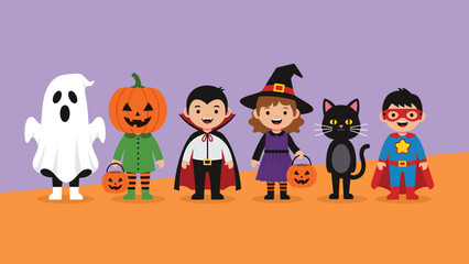 Cute cartoon Halloween characters in costumes for trick-or-treating: ghost, pumpkin, vampire, witch, cat, superhero
