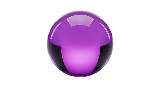 Single translucent purple glass sphere with bright highlights and reflections, cutout, PNG isolated on white or transparent background