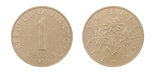 Austrian 1 Schilling coin from 1990,obverse and reverse side,shown in sharp macro detail for numismatic and historical reference.