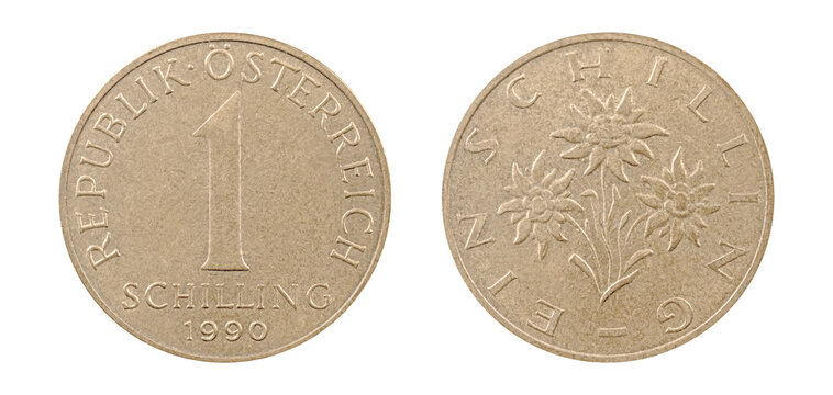 Austrian 1 Schilling coin from 1990,obverse and reverse side,shown in sharp macro detail for numismatic and historical reference.