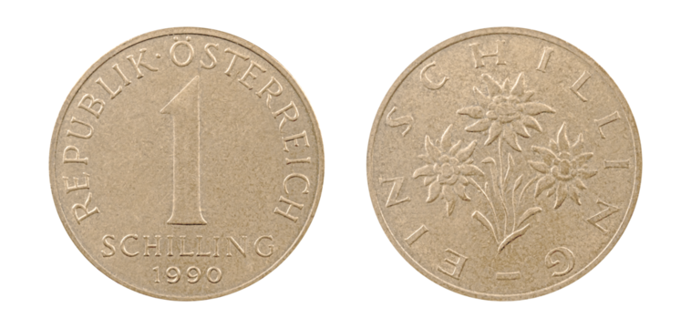 Austrian 1 Schilling coin from 1990,obverse and reverse side,shown in sharp macro detail for numismatic and historical reference.