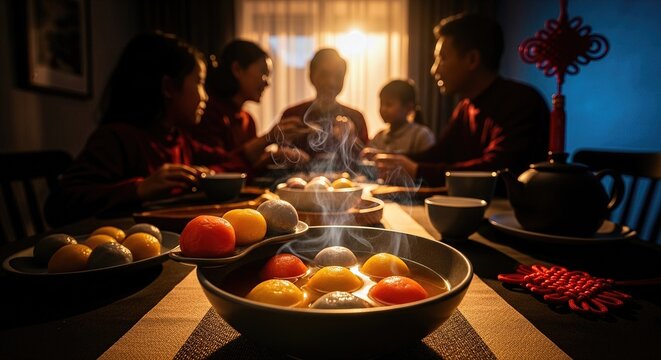 Family enjoying traditional Dongzhi Festival, savoring steaming colorful glutinous rice balls. A cherished sweet dessert brings warmth to this festive gathering.