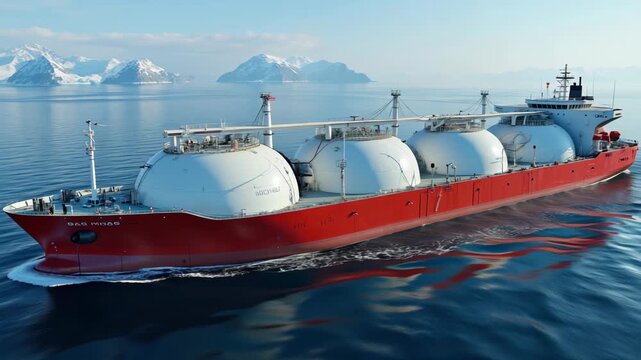 LNG tanker navigating calm ocean waters, cargo ship at northern sea route, concept of energy and logistics