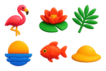 Set of six cartoonish images of animals and plants, including a flamingo