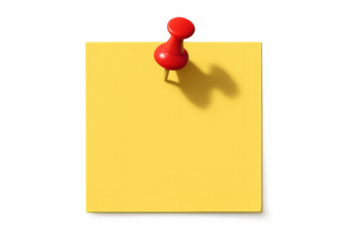 Yellow sticky note paper pinned with a red thumbtack creating a reminder message for communication, transparent background
