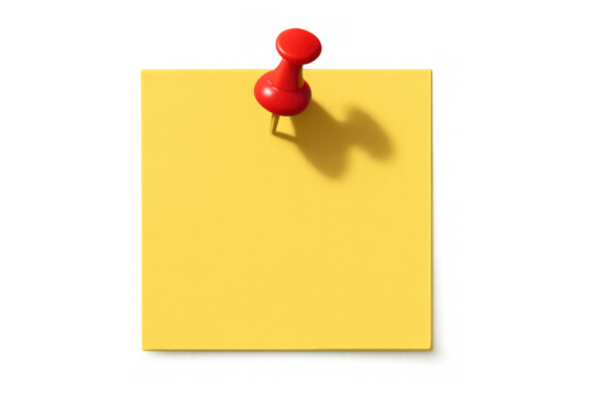 Yellow sticky note paper pinned with a red thumbtack creating a reminder message for communication, transparent background