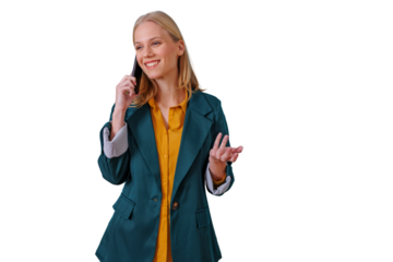 Professional woman talking on phone, smiling and gesturing, discussing business on transparent background