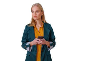 Blonde woman standing, holding a mobile phone, looking away with a thoughtful expression, wearing a blazer, transparent background