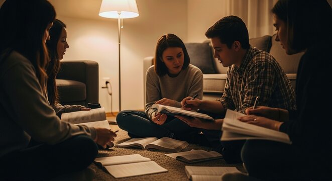 Young learners collaborate on assignments, sitting on the floor, surrounded by books, engaging in shared academic pursuit within a warm, softly lit room.
