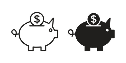 Piggy bank icons in outline, flat style. Vector EPS