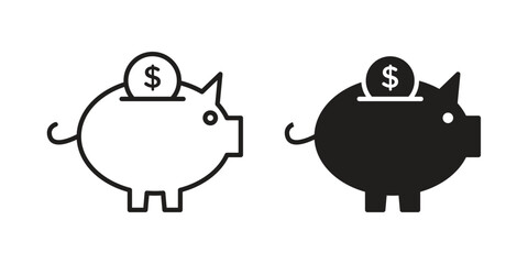 Piggy bank icons in outline, flat style. Vector EPS
