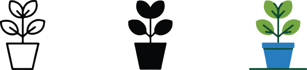 plant potted leaf icon, silhouette and flat vector set for design
