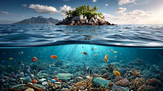 Stunning underwater island transition highlighting marine pollution and vibrant coral life in ocean, waste and sea nature conservation concept