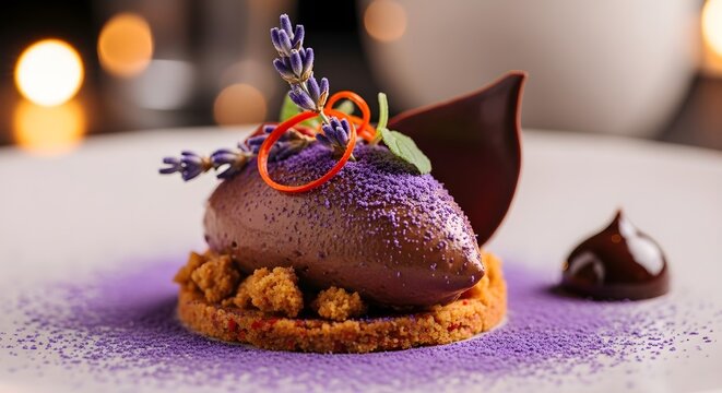 Exquisite chocolate dessert with lavender garnish and delicate chocolate shard on a white plate, illuminated by soft, bokehfilled background lights