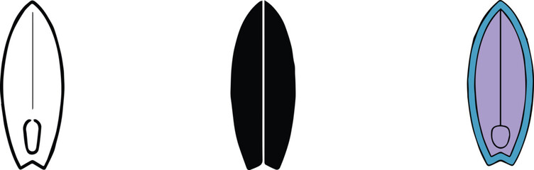 surfboard colored illustration with outline silhouette and leash detail