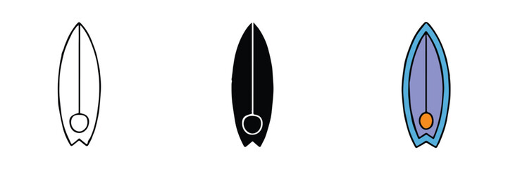 surfboard icon set three styles outline silhouette colored vector