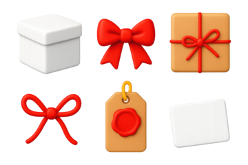 Minimalist Gift Icons. 3D icon set of minimalist gifts: plain white box, single red ribbon, kraft paper wrap, hand-tied bow, wax