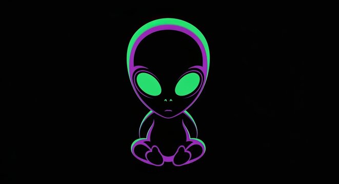 Cute alien neon character sitting tshirt design on black background