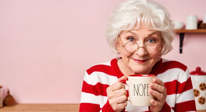Smiling elderly white woman holding a funny mug with the word nope. Senior grandmother with a sassy attitude in her kitchen. Humorous retirement lifestyle with copy space.