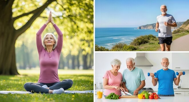 A collage displaying the active lives of older people. The eldest exercise, do yoga, run, and prepare nutritious meals together. They live strong and independent lives - Powered by Adobe